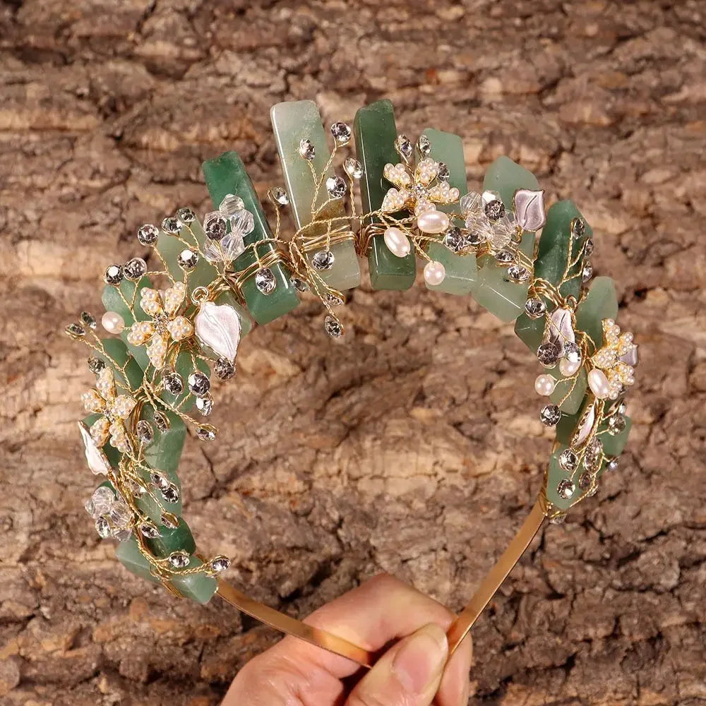 Natural Amethyst Quartz Crown Raw Stone Wand Hairpin with Flower Rhinestone Hand Crafted Women Hair Band for Party Birthday Gift