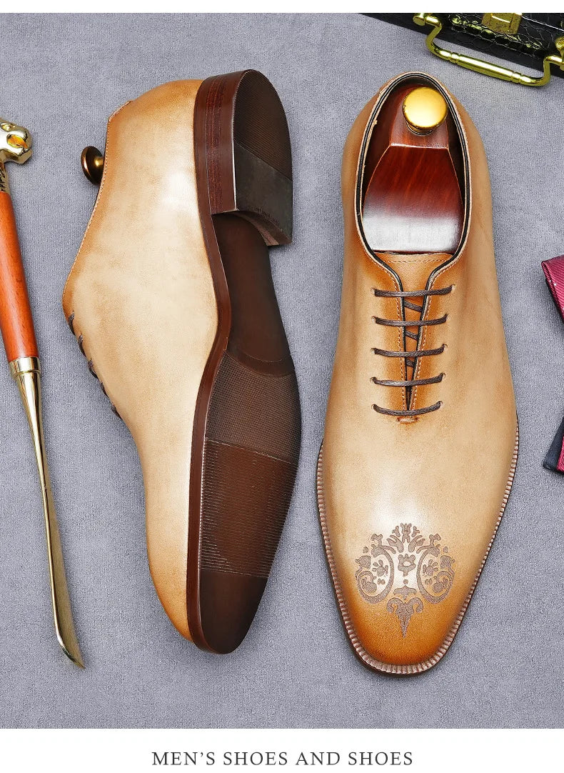 Elegant exclusive Men's Handmade Whole-Cut Leather Shoes | Genuine Cowhide, Leather Lining, Formal Business Wedding Dress Shoes