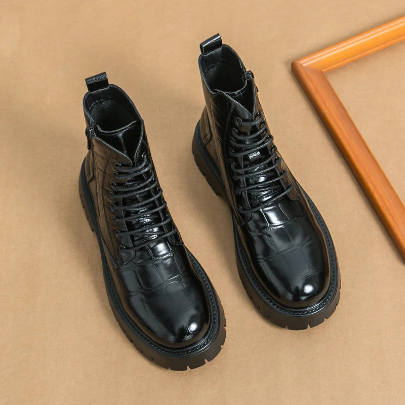 Luxury Brand Men's Autumn and Winter Crocodile Leather Side Zipper High Top Boots Fashionable New Men's Comfortable Short Boots