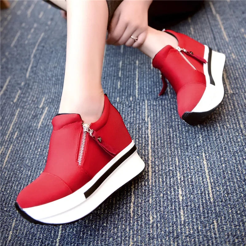 2024 Platform Sneakers Women Red Casual Comfortable Hidden Heel Shoe Black Canvas Shoes Wedge Heels Sneaker Tenis De Mujer