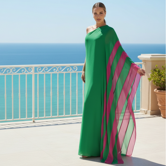 Boho Sexy One Shoulder Loose Maxi Dress Womens Spring Elegant Color Block Long Party Dress Summer Backless Hollow Vacation Dress