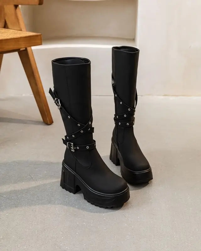 Fujin 10cm Microfiber Women Boots British Boots ZIP Synthetic Leather Ankle Spring Platform Wedge Knee High Fashion Autumn Shoes