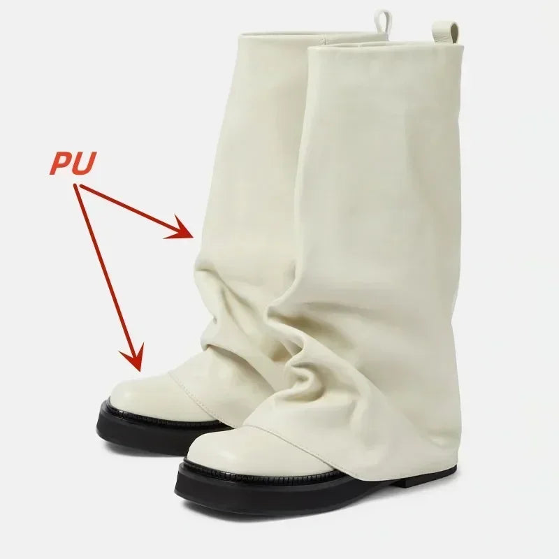 Women's Chunky Leather Flats & Knee Boots - Square Toe Loose Fit Spring-Autumn Casual Shoes with Pleated Pants