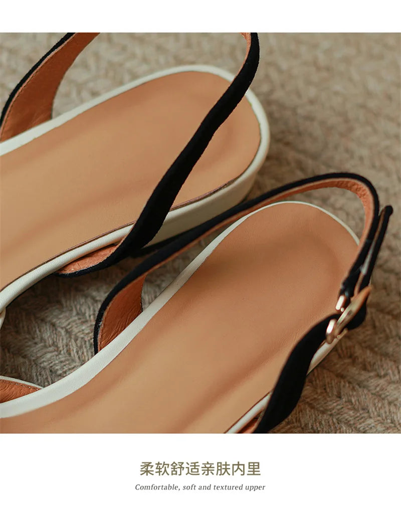 Dilalula Summer Genuine Leather Covered Toe Flower Sandals Ladies Sweet Low Thick Heels Elegant Flower Mixed Color Dress Shoes