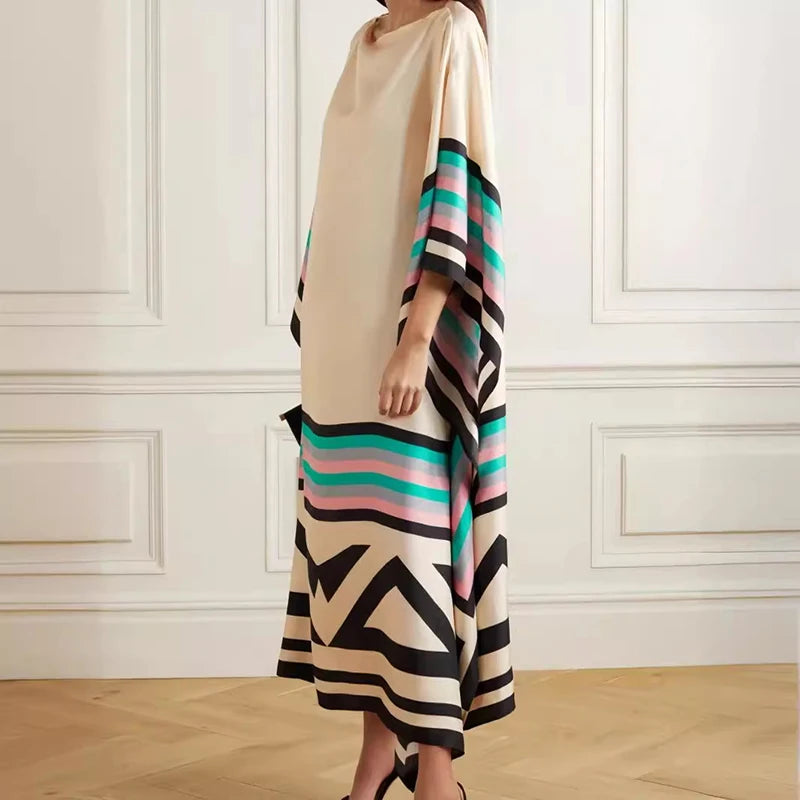 Candy Stripe Print Patchwork Kaftan Dresses Women’s Spring Round Neck Irregular Long Dress Summer Batwing Sleeve Boho Maxi Dress
