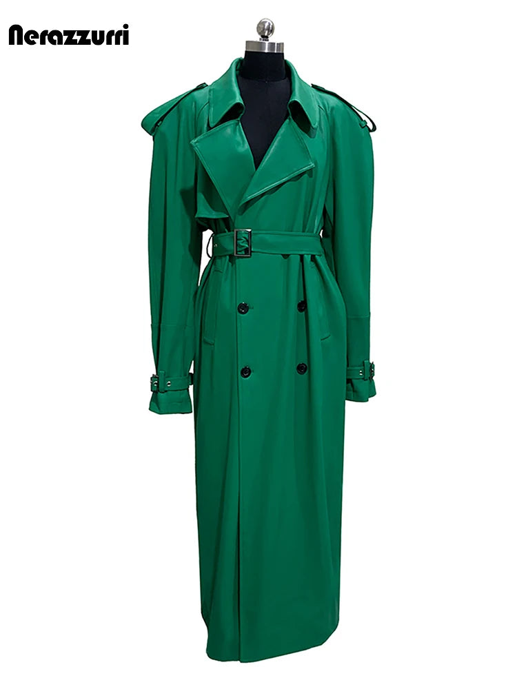 Nerazzurri Autumn Extra Long Soft Green Oversized Pu Leather Trench Coat for Women Shoulder Pads Belt Double Breasted Overcoat
