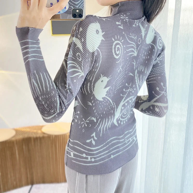 Miyake Pleated Contrasting Colors T-shirt Women Half Turtleneck Skinny Pullover 2025 Summer Fashion Female Clothing