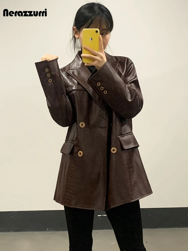 Mauroicardi Autumn Soft Luxury Matte Purple Crocodile Print Pu Leather Blazer Jacket Women Loose Casual Korean Fashion Clothes