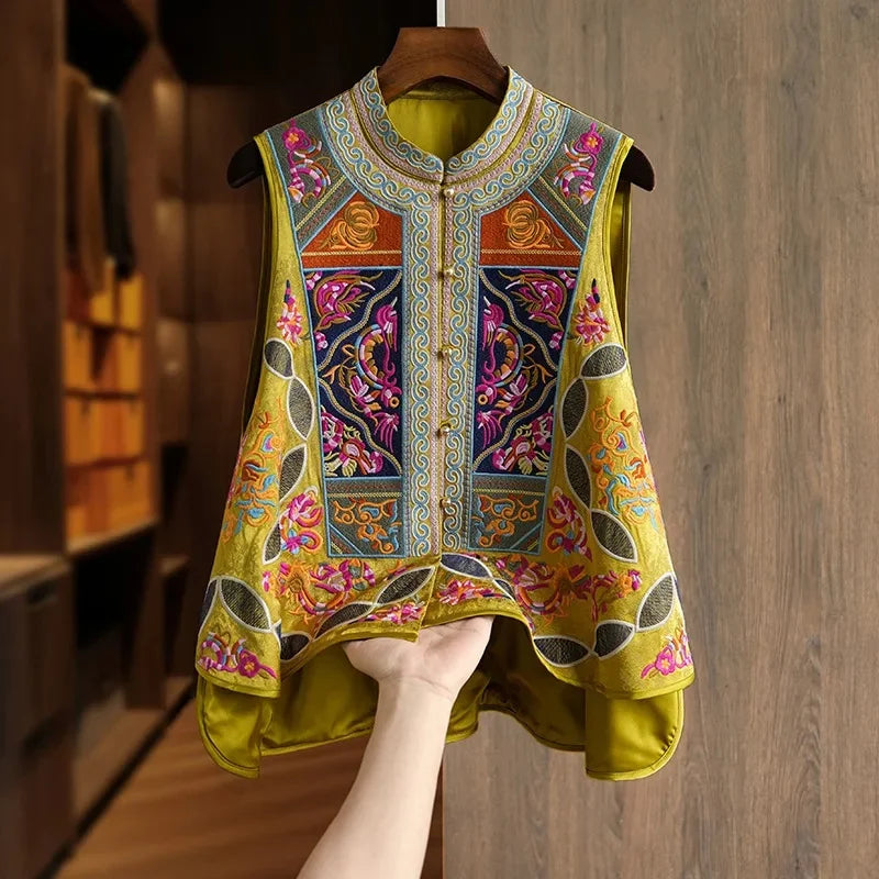 Yellow Heavyweight New Chinese Style Embroidered Women's Vest Fashionable Unique Outerwear Jacket Short Coat from Mainland China