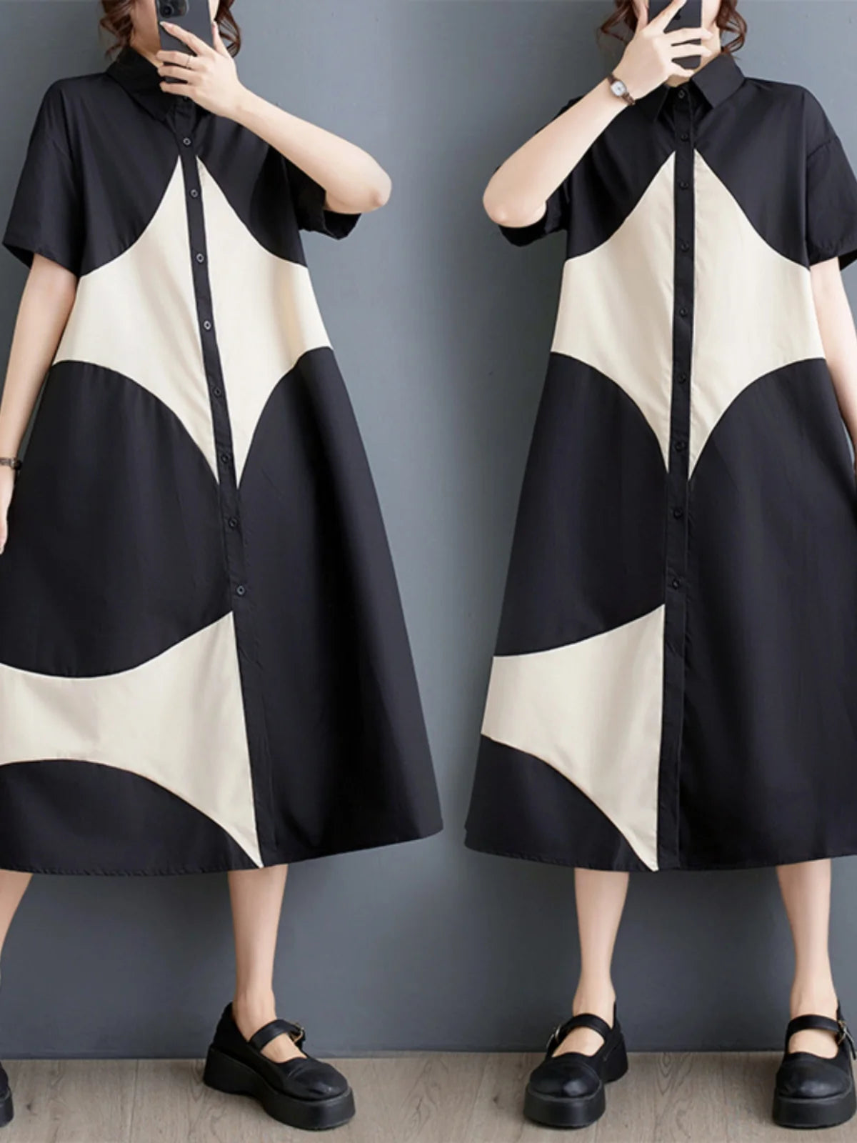plus Size Summer Print Splice Casual Sweet ort Sve Dr Women's Loose Fit A-Line Gown f High Collar oulder Button