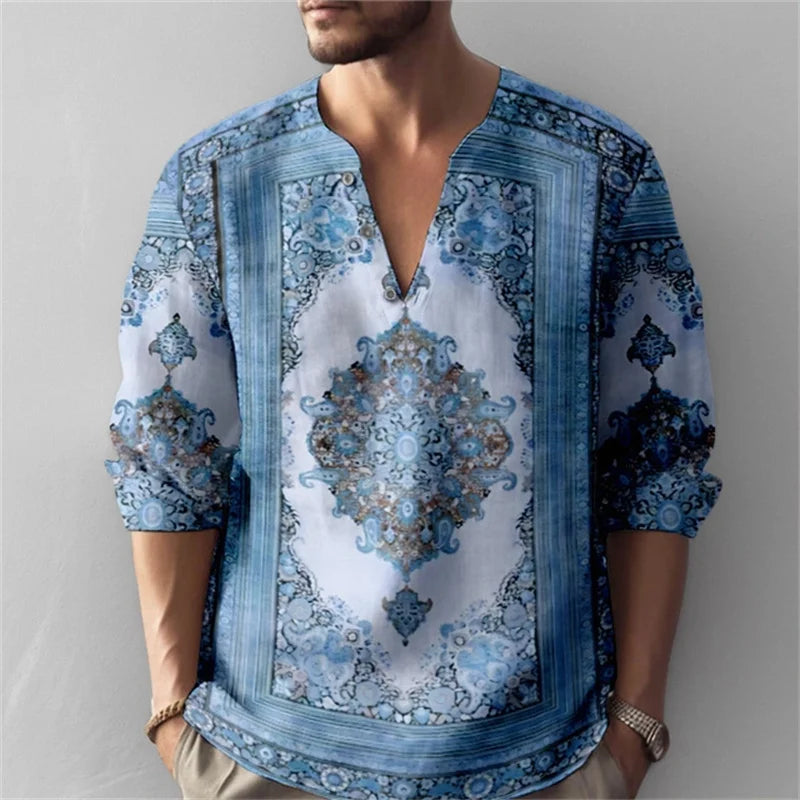Men's Long-Sleeved Shirt with Retro Print, Stylish Design, Outdoor Casual Henley Collar, Loose Fit, Men's Vacation Top, XS-6XL.