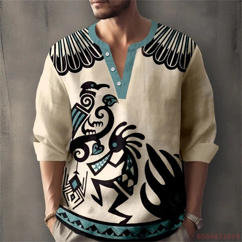 Men's Long-Sleeved Shirt with Retro Print, Stylish Design, Outdoor Casual Henley Collar, Loose Fit, Men's Vacation Top, XS-6XL.
