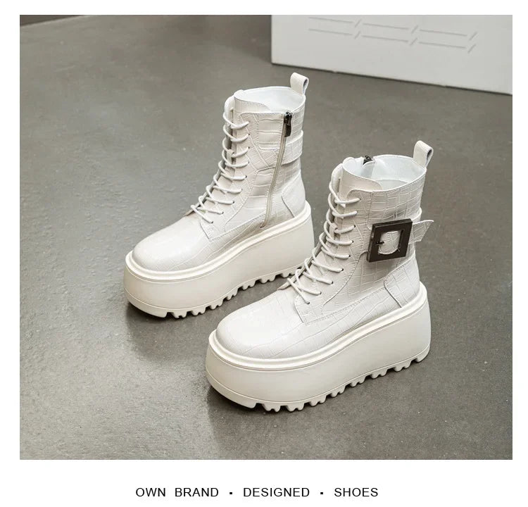 Fujin 8cm New Women Combat Boots Ankle Booties Platform Sneakers Spring Autumn Warm Fur Winter Genuine Leather Women Shoes Boot