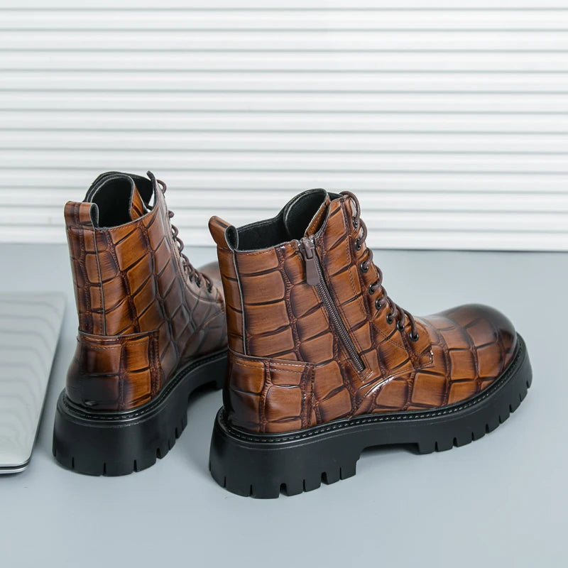 Luxury Brand Men's Autumn and Winter Crocodile Leather Side Zipper High Top Boots Fashionable New Men's Comfortable Short Boots