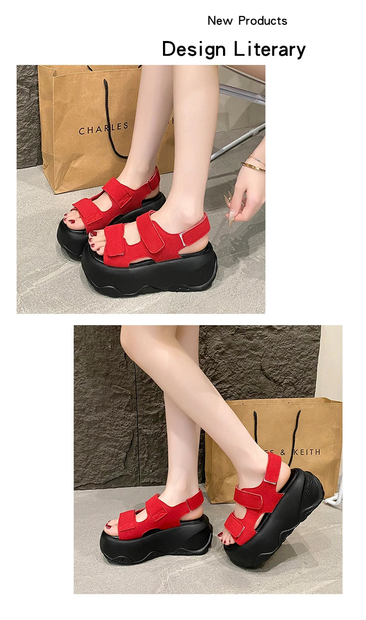 7CM High Platform Leather Sandals Women New Summer Breathable High Heels Ladies Beach Sneakers Wedges Chunky Slippers Sandalias