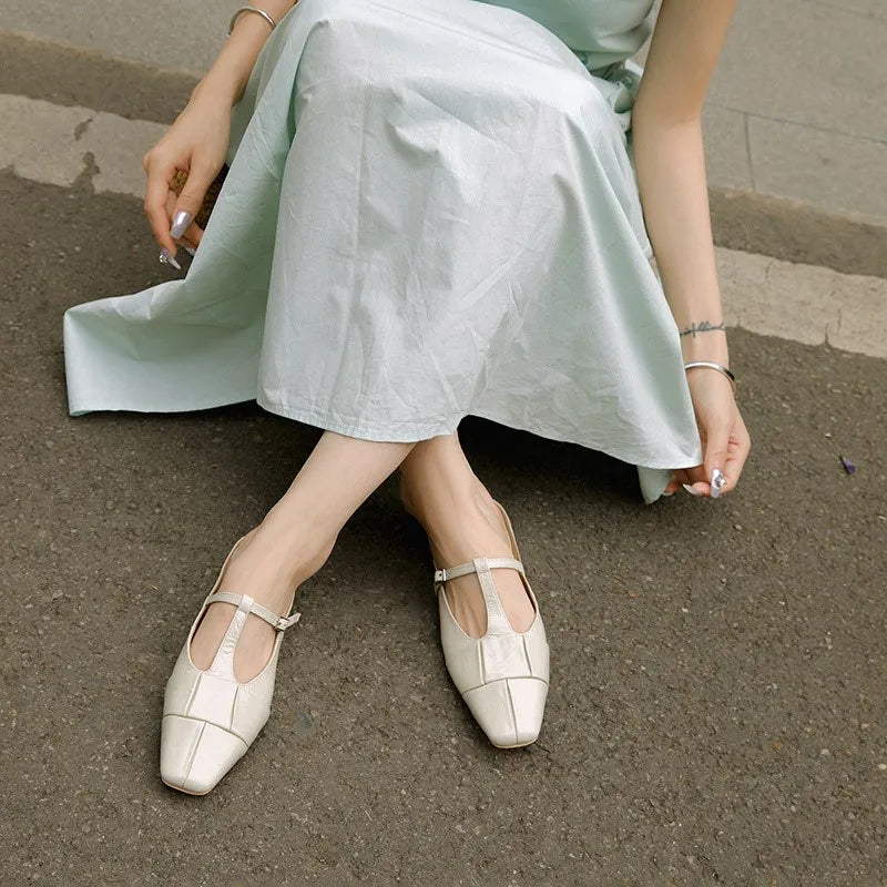 Genuine Leather t-strap Slippers Women Covered Toe Low Heel Slides Ladies Summer Vacation Slippers Female