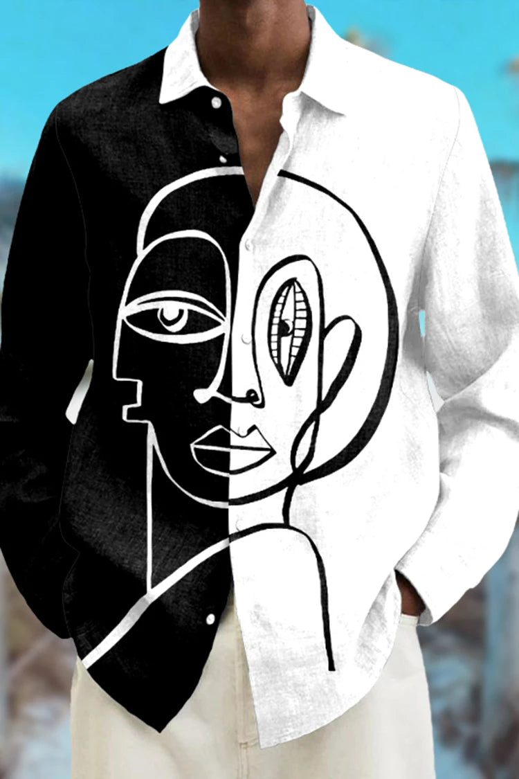 Fashion Abstract 3D Printed Long Sleeve Shirts Simple Black And White Color Scheme men's Tops Casual Lapel Button Up Shirt