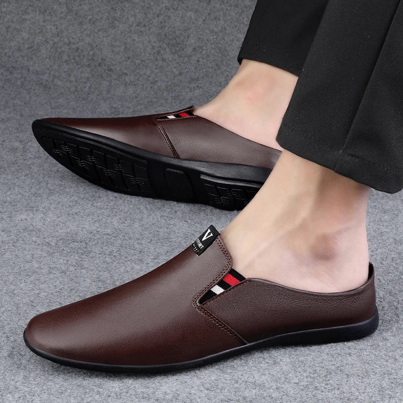Men's Leather Black Half Leather Shoes Fashion Non-slip Half Trailer Men Sandals Moccasin Breathable Soft Flats Men Driving Shoe