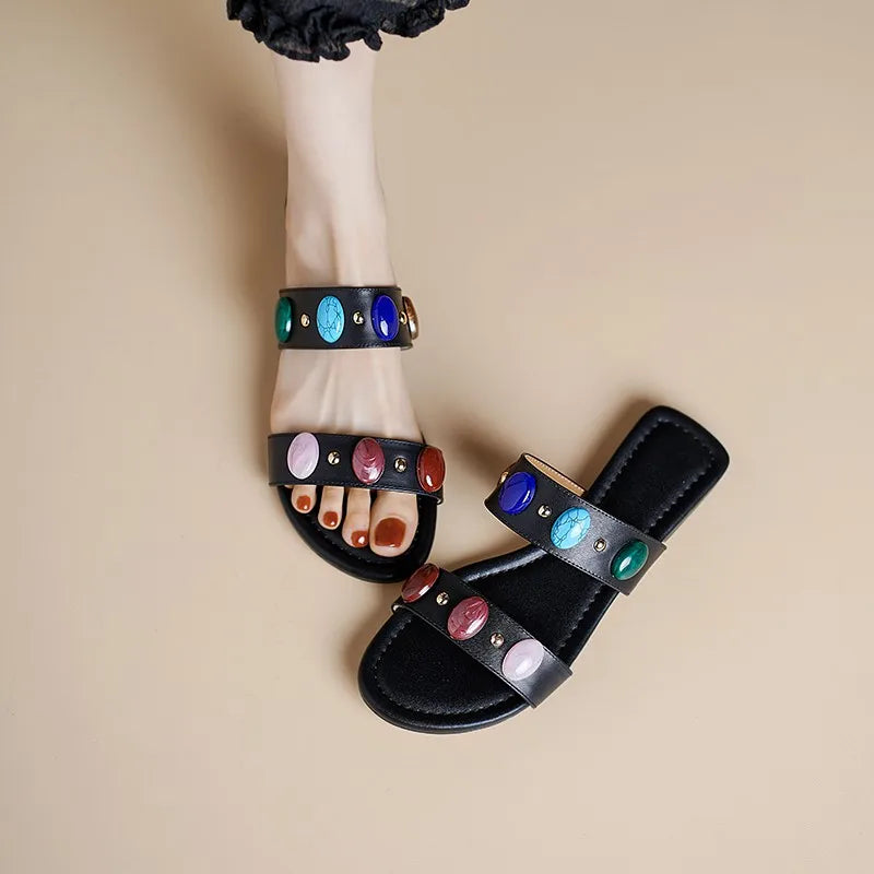 Dilalula Genuine Leather Bohemia Style Casual Slippers Women Peep Toe Low Heel Colorful Stone Decoration Slides Female Beach