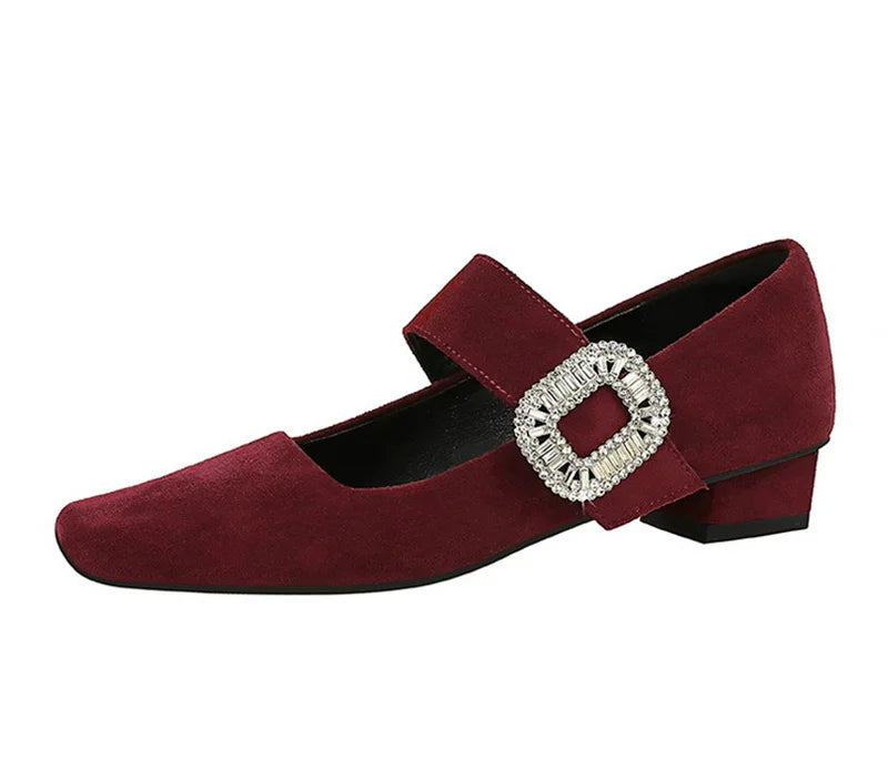 European American Style Banquet Suede With One Strap Marie Zhen Rhinestone Thick Heel Low Heel Square Toe Single Women Shoes