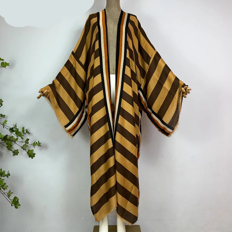 WINYI Kimono Africa Summer Boho Stripe Print Beach Swimwear Elegant Cardigan Sexy Holiday Maxi Beach Wear Swimsuit Evening Dress