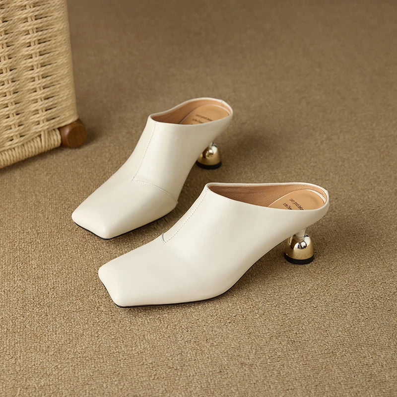 Dilalula 2025 Elegant Genuine Leather Thin High Mules Women Covered Toe Strange High Heels Ladies Party Dress Shoes Summer