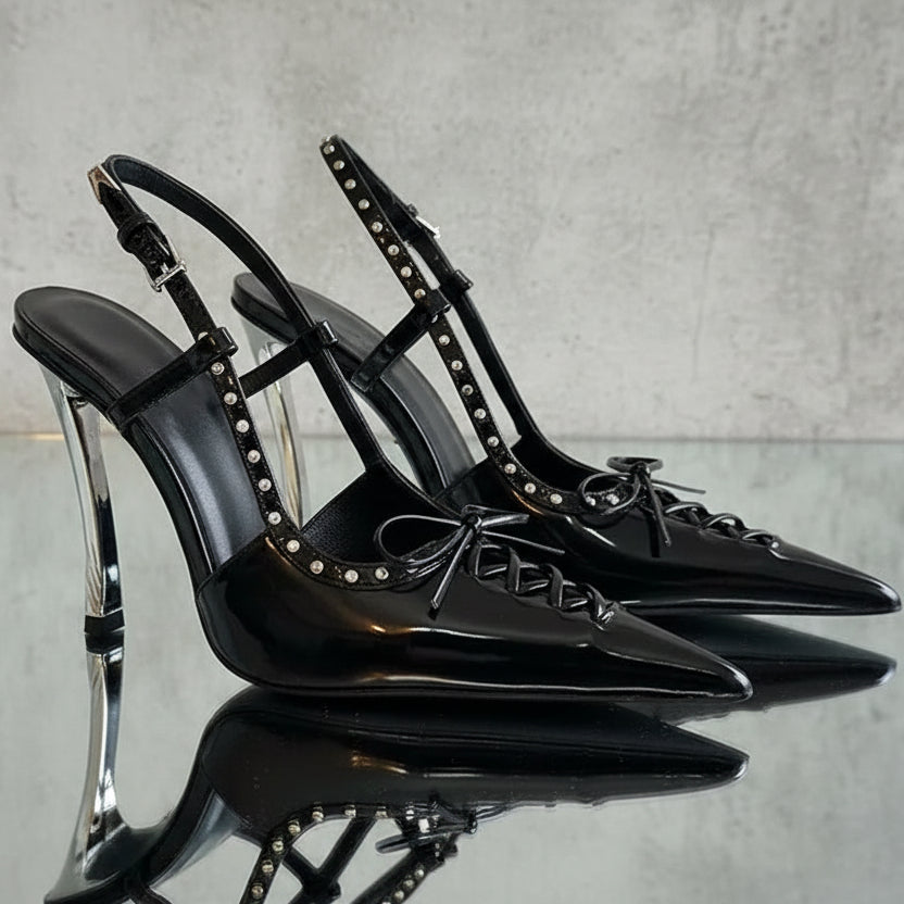 Patent Leather Rivet Women Pumps Elegant Pointed toe Lace-up Office Lady Slingbacks High heels Party Shoes 2026 Summer Fashion