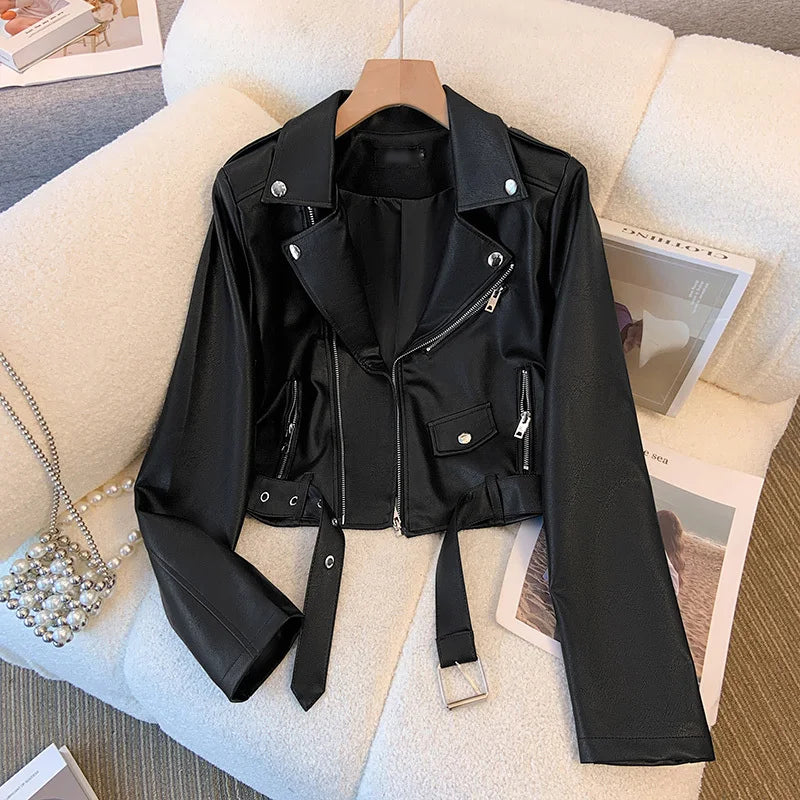 Blue PU leather jacket for women's spring autumn short Street style 2025 new retro motorcycle Leather Coat top