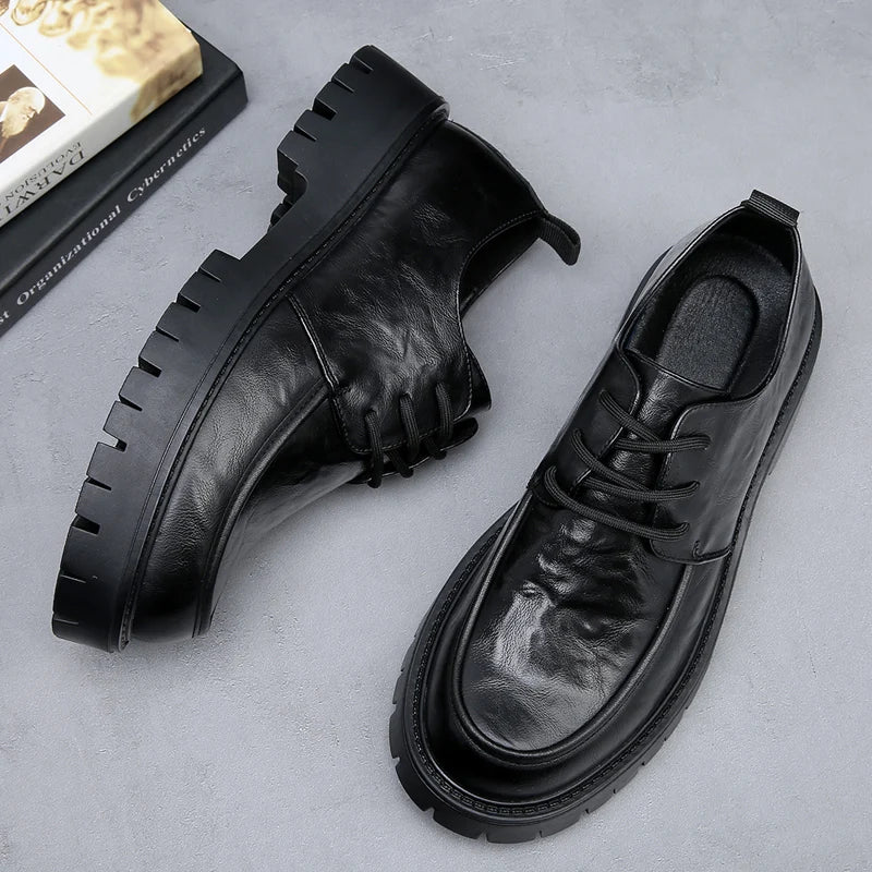 Men's Fashion Genuine Leather British Style Thick Bottom Work Shoes Classic Lace Up Comfortable Anti Slip Big Head Leather Shoes
