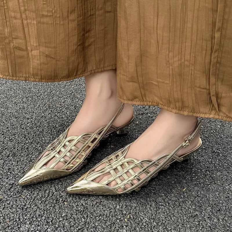 Sexy Real Leather Sandals Women Covered Metal Head Toe Narrow Band Sandals Ladies Party Dating Summer Med Heels