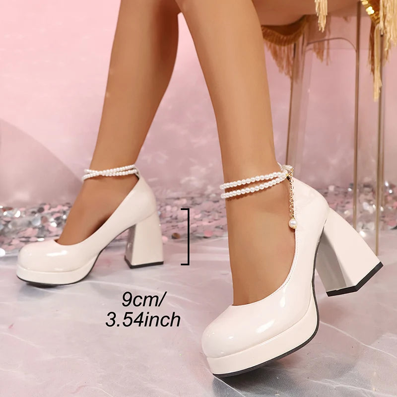 Luxury Pearls Ankle Strap Pumps Women Spring 2026 Sexy Hot Pink Chunky Platform High Heels Shoes Woman Patent Leather Mary Janes