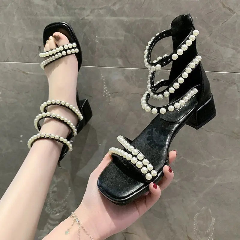 Pearl with Medium Heels Summer 2025 Women's Shoes Sandals for Woman Square Footwear Black Comfort Anti Slip Hot Vip The Best H F