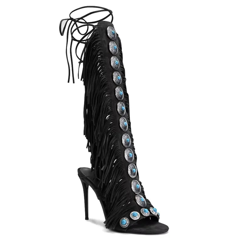 Summer Sandals cow suede leather tassel women sandal peep toe sexy lace up knee high shoes US size