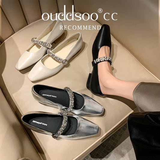 Ods Women Crystal Mules Flats Slippers Designer Sandals 2025 Dress Square-toe Leather Slides Summer Slingback Buckle De Mujer