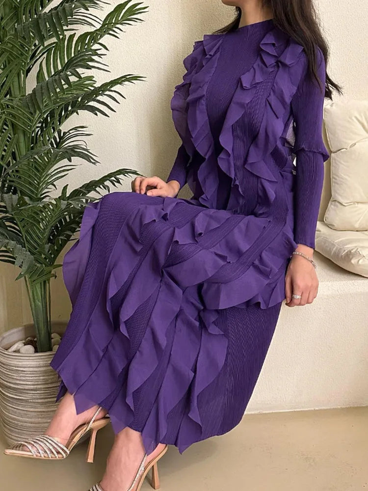 Miyake Pleated Fashion Dress O-Neck Long Sleeve Spliced Ruffles New 2023 Summer Evening Party Clothing Lady Middle East HotSales