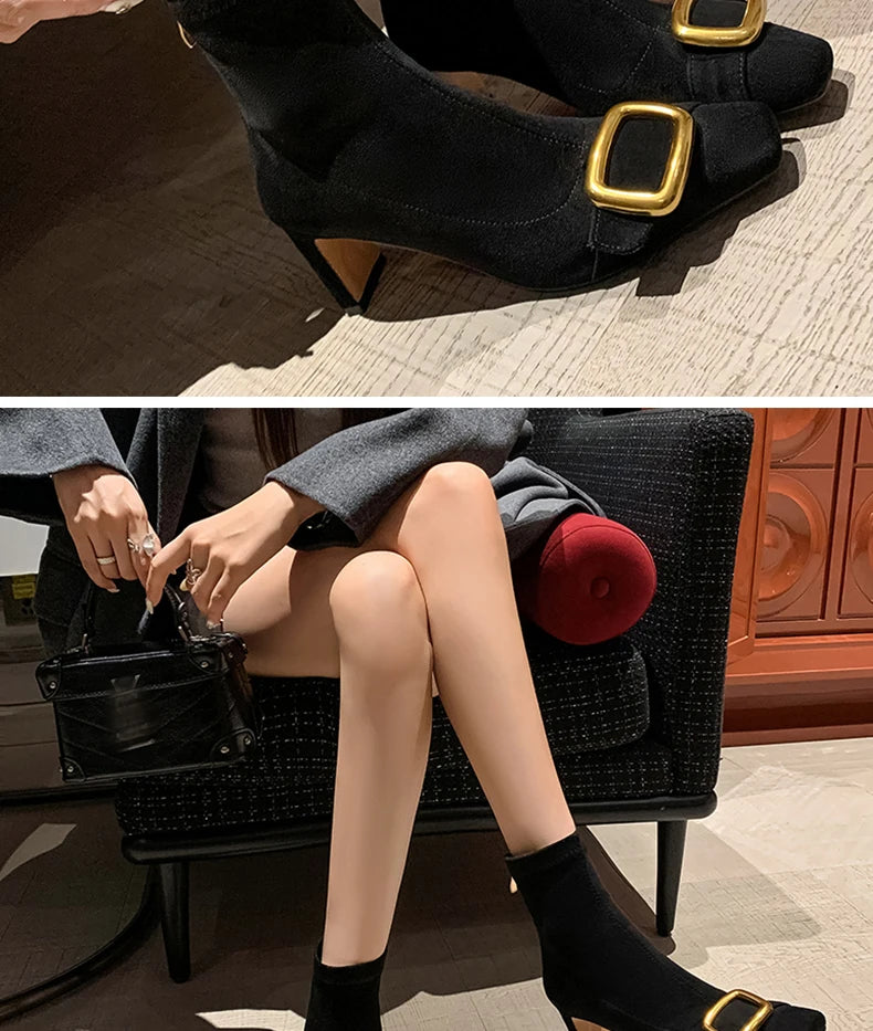 Ods Personalized Low-heeled Fashion Boots for Fall/winter New Pointed Metal Square Buckle Back Zipper Stretch Thin Ankle Boots42