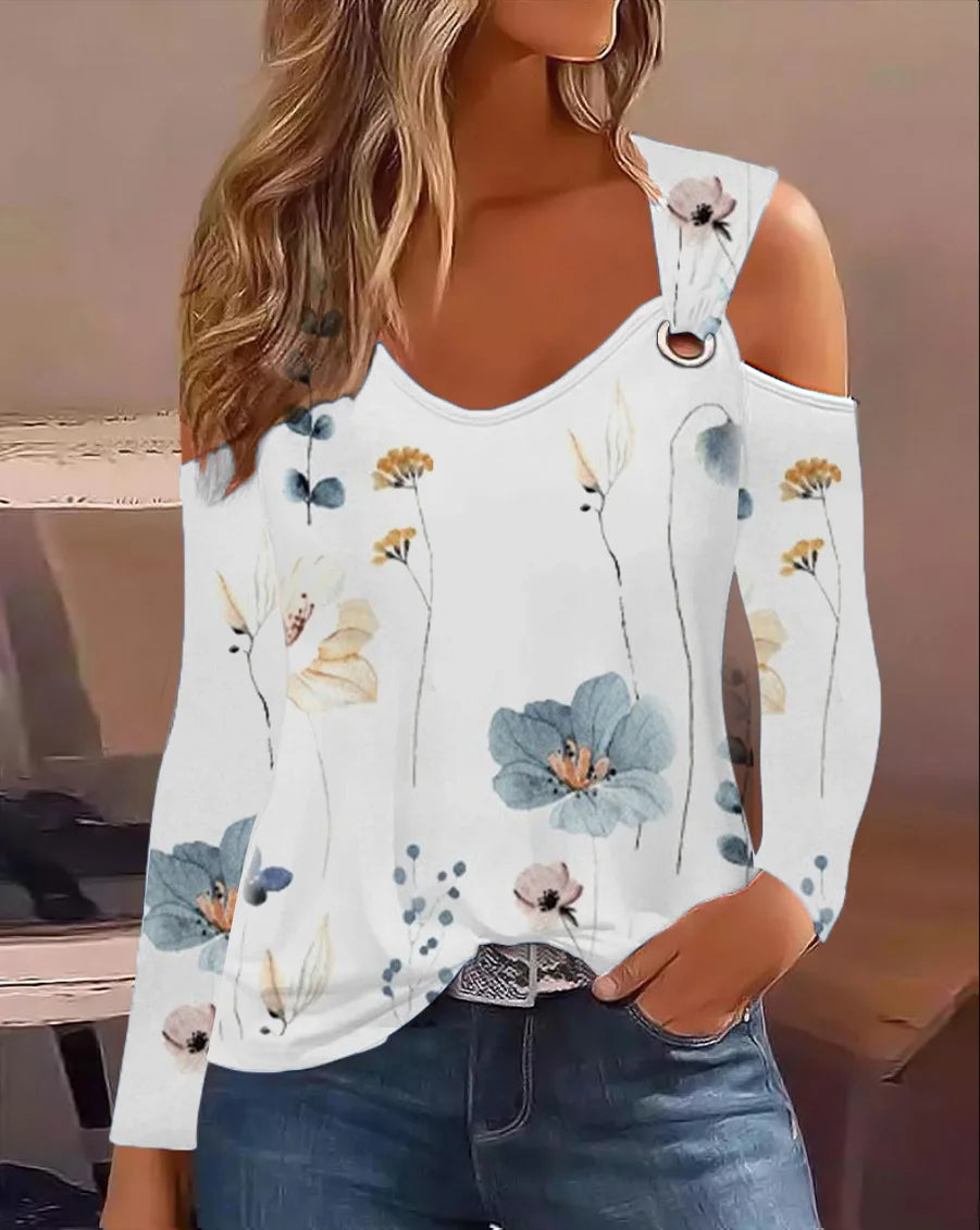 Womens Floral Print Cold Shoulder Long Sleeve Top Ring Strap V Neck Loose Casual Daily Commute Fashion Blouse