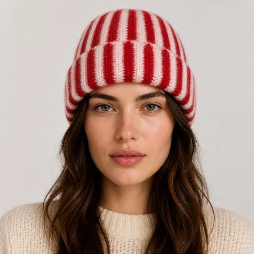 New Striped Knitted Beanie Cap Windproof Flanged Design Knitted Hat Pullover Outdoor Cycling Cold Proof Warm Hat Autumn Winter