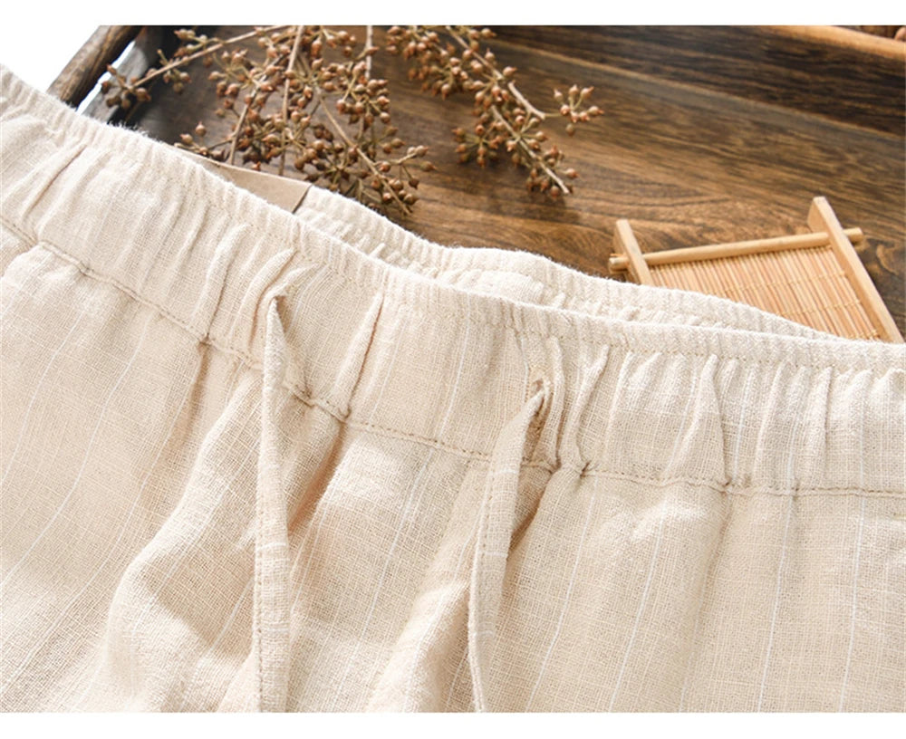 Summer cotton linen men's beach shorts loose fit breathable ramie striped straight daily causal pants for men