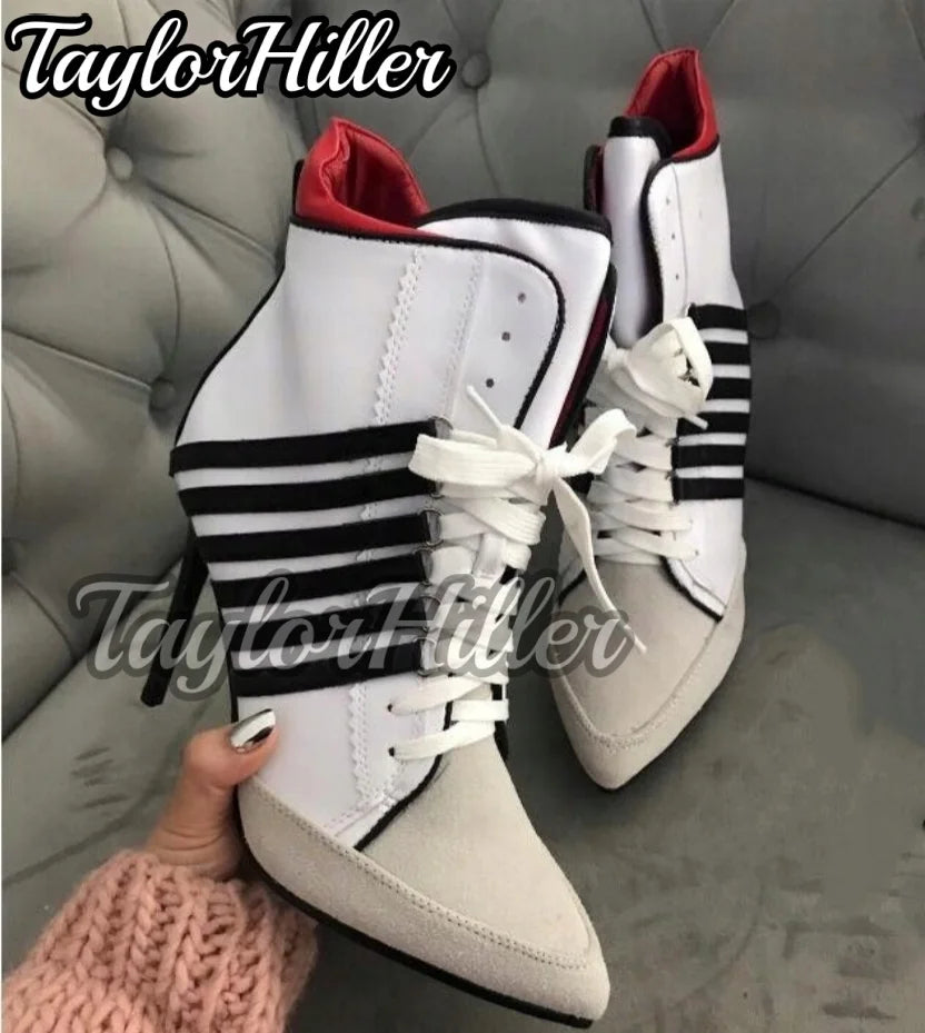 New White Black Striped Ankle Boots High Top Sport Sneakers Lace Up Luxury Pointy Toe High Heels Stiletto Patchwork Winter Shoes