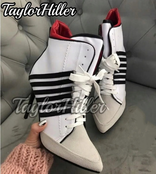 New White Black Striped Ankle Boots High Top Sport Sneakers Lace Up Luxury Pointy Toe High Heels Stiletto Patchwork Winter Shoes