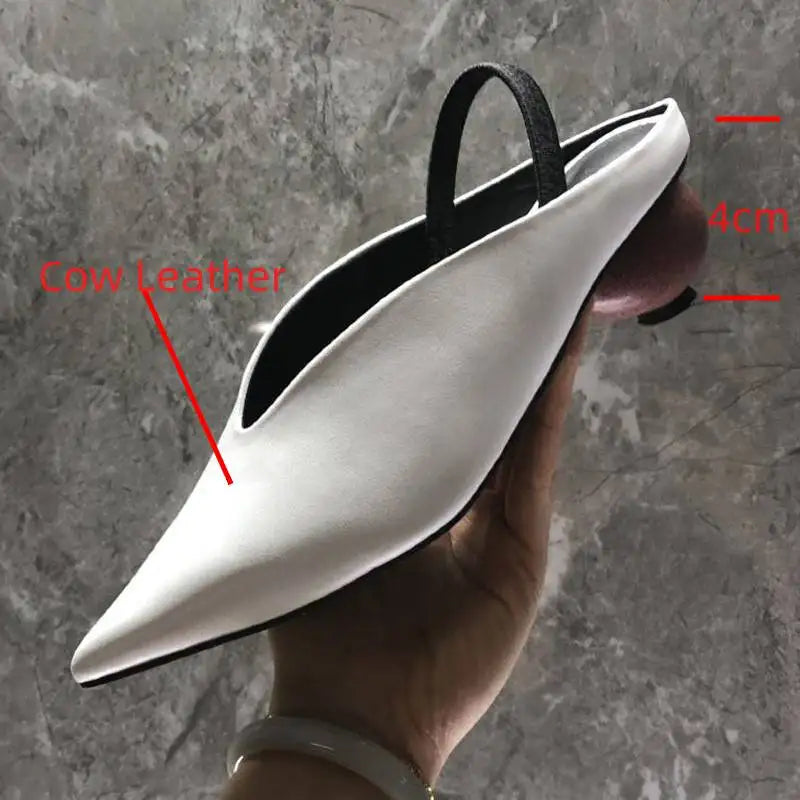 Genuine Leather Mules Women Pointed Covered Toe Med Ball Shape Heel Office Ladies Slippers Strange Heel