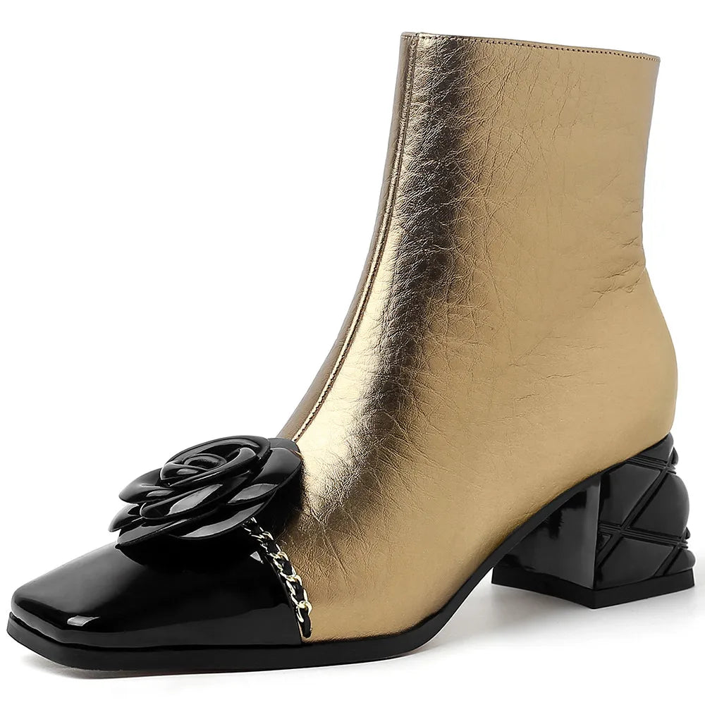 Genuine Leather Flower Metal Chain Short Boots Women Thick High Heels Young Ladies Mixed Color Boots Party Dating