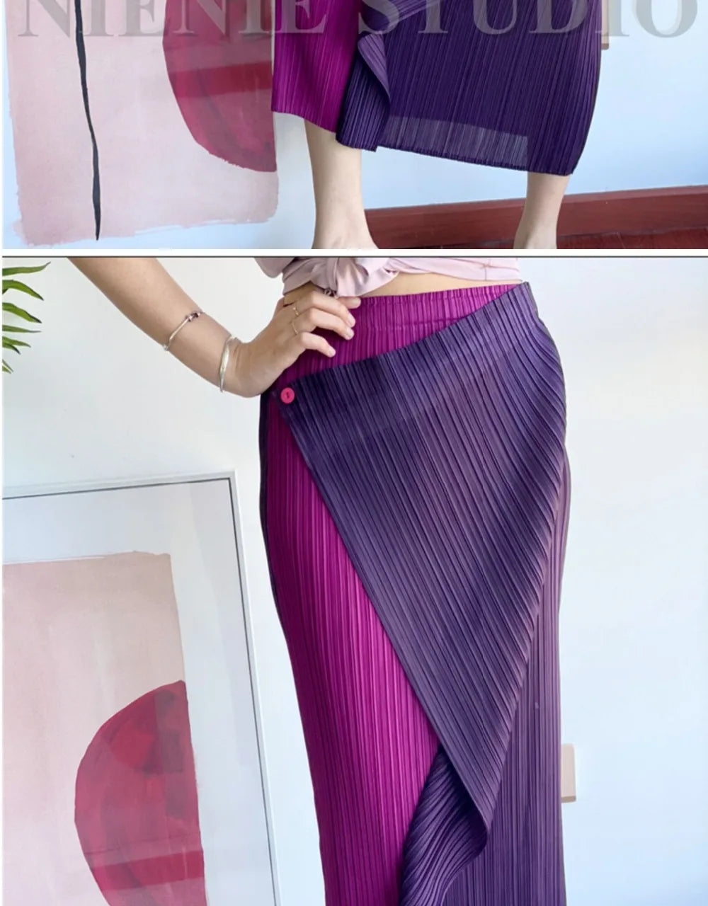 Miyake Pleated Skirt High Waist One Button Stitching Long Asymmetrical Skirt Two Piece Straight Korea Fashion Aesthetic Clothes