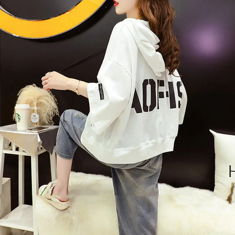 2023 Summer New Letter Printing Hoodies Women Round Neck Short Sleeve Drawstring Short Pullovers Ladies Korean Style Casual Top