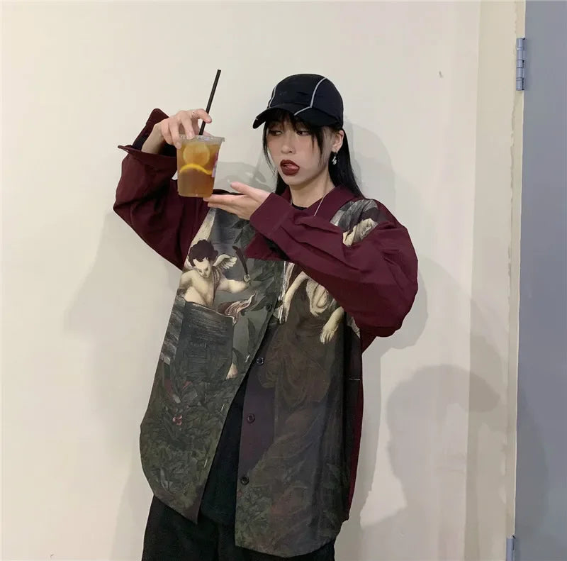 Vintage Blouse Shirt Japanese Clothes Oversized Blusas Fashion Print Women Blouses Long Sleeve Oversized Tops Men Clothes Blusas