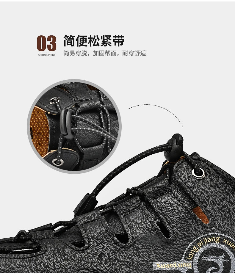 Men's slippers flat bottomed beach breathable genuine leather business casual non slip lightweight hollow out outdoors sandals