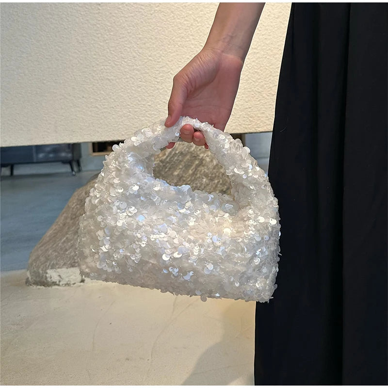 Luxury Pearlescent Sequin Elegant Clutch Purse,Niche French Designer Dumpling Cloud Hobo Evening Bag,Crescent Women Handbag