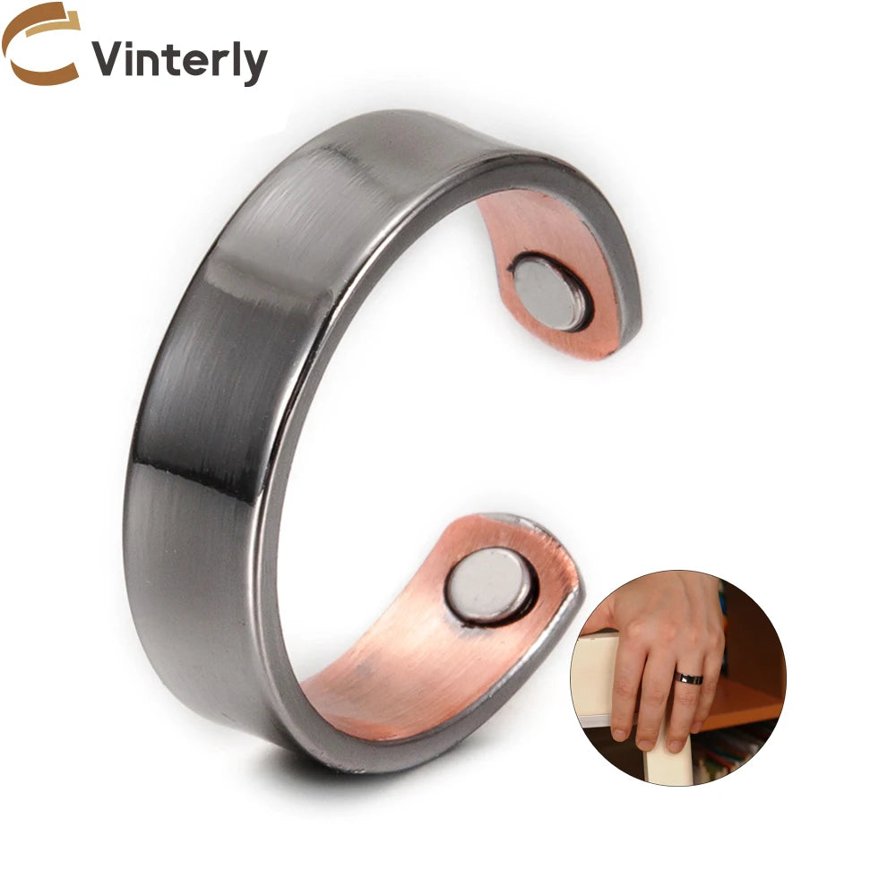 Vinterly Copper Adjustable Ring Men Health Energy Magnetic Copper Women Minimalist Open Cuff Finger Jewelry for Arthritis Relief