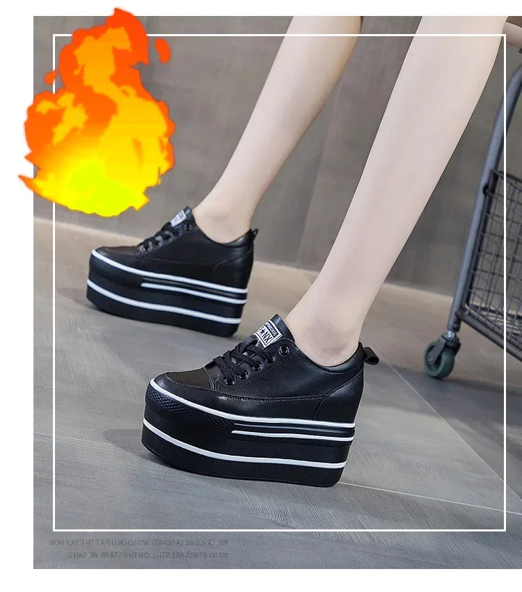 Fashion 10.5cm High Thick Heel Platform Flats Women Casual Shoes Genuine Leather Soft Quality Casual Shoe Sneakers White Black